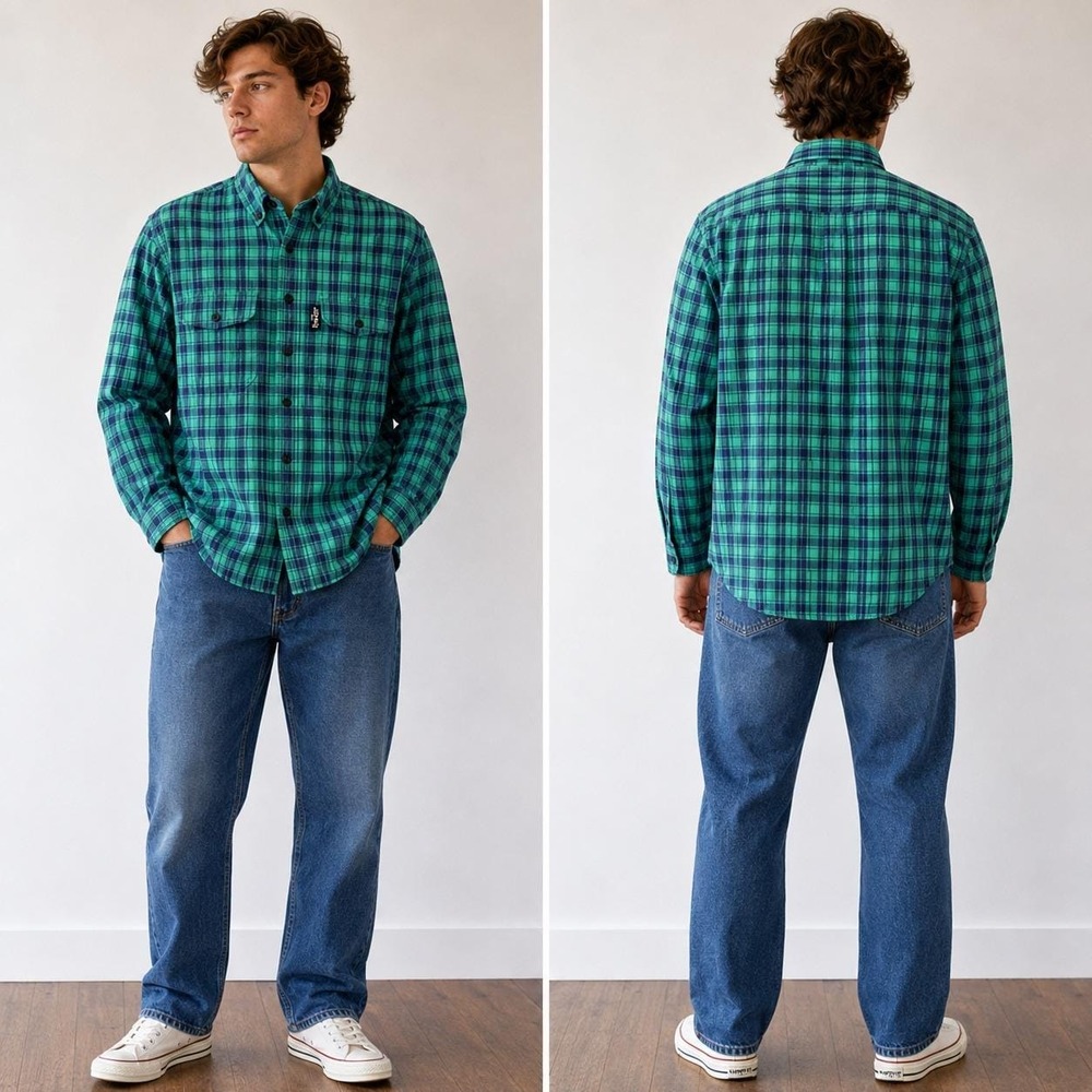 Vintage Levis Silver Label Plaid Button Down Shirt Green Blue Size Large Preppy